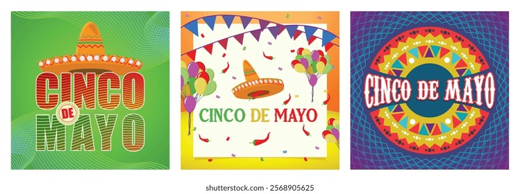 Federal holiday celebration in Mexico.Cinco de Mayo celebration with hanging flags and balloons. Traditional party with colorful decorations. Cinco de Mayo concept. Set flat vector illustration.