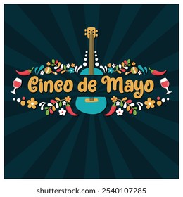 Feriados federais no México. Festa com comida, flores e música tradicional. Conceito Cinco de maio. Ilustração de vetor plano.