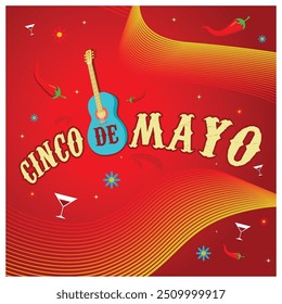 Urlaub in Mexiko. Traditionelles Fest mit Gitarrenmusik. Cinco de Mayo Konzept. Flache Vektorgrafik.