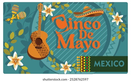 Feriados federais no México. Festa de música tradicional com maracas e guitarras. Conceito Cinco de Mayo. Ilustração de vetor plano.