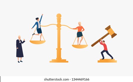 Federal law illustration. Girls standing on scales, federal judge watching on them. Law concept. Vector illustration can be used for topics like presentation, sociality, law court