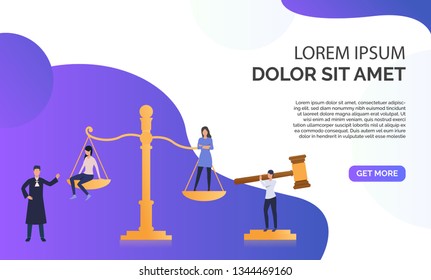 Federal law presentation illustration. Girls standing on scales, federal judge watching on them. Law concept. Vector illustration can be used for topics like presentation, sociality, law court