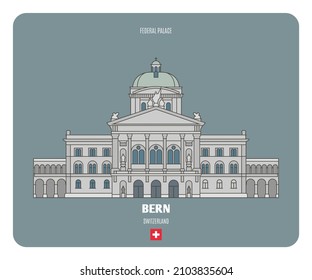 Federal Palace in Bern, Switzerland. Architectural symbols of European cities. Colorful vector 