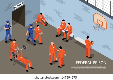 Federal prison isometric background with inmates engaged in physical exercises in sports hall under supervision guards vector illustration 