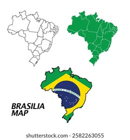 Federal Republic Of Brazil. The Capital Is Brasilia. Flag Of Brazil. Map of the continent of South America with country borders. Vector graphics