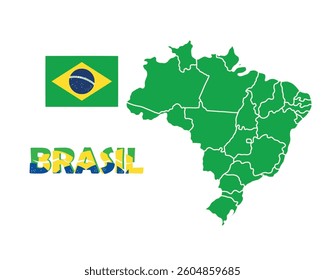 Federal Republic Of Brazil. The Capital Is Brasilia. Flag Of Brazil. Map of the continent of South America with country borders. Vector graphics.