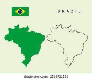 Federal Republic of Brazil. Flag of Brazil. Brazil map Country icon outline style and flat vector Silhouette Vector