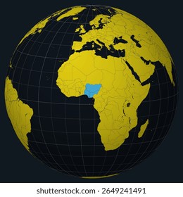 Federal Republic of Nigeria on Globe. Country view on the world map in Charcoal Bright Yellow color palette. Nigeria shape on map. Globe with meridians, parallels, countries, rivers and lakes.