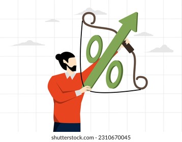 política monetaria de la reserva federal o del banco central, economía o concepto de préstamo, aumento de la tasa de interés debido al aumento del porcentaje de inflación, FED, flecha porcentual de arquero emprendedor alta hasta el cielo.