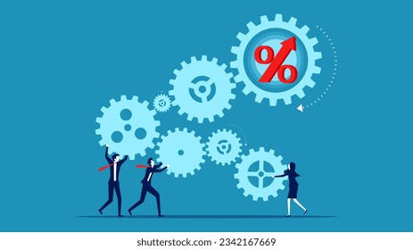 Federal Reserve Interest Rate Mechanism. Team of Businessmen Connecting Gears and Percents