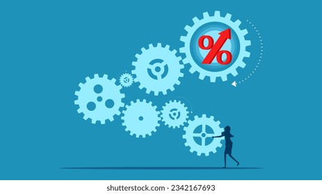 Federal Reserve Interest Rate Mechanism. woman connect gears mechanism and percentage 