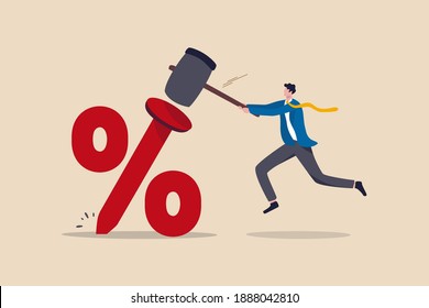 Federal Reserve low interest rate or central bank with long time zero percent interest rate until economic recover concept, businessman FED leader using hammer to nailed percentage sign to the floor.