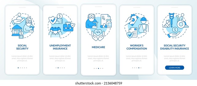 Federal social insurance blue onboarding mobile app screen. Payment walkthrough 5 steps graphic instructions pages with linear concepts. UI, UX, GUI template. Myriad Pro-Bold, Regular fonts used