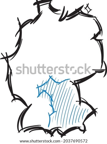 Federal state of Bavaria, Germany geographic map, silhouette, hand drawn, German. Munich capital city of Bavaria.