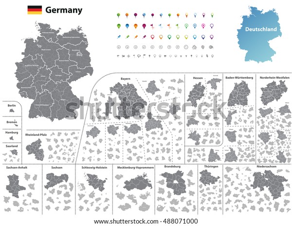 federal\
states of Germany map with administrative districts and\
subdivisions. All layers detachable and\
labeled