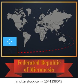 Federated Republic of Micronesia national flag, realistic globe world map blank template, solid country outline silhouette, atlas for infographic, vector illustration set, isolated object, background