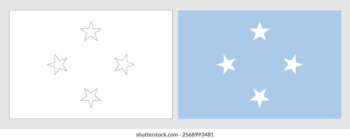 Federated States of Micronesia flag - coloring page. Set of white wireframe thin black outline flag and original colored flag.