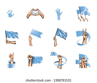 Federated States Micronesia flag and hand on white background. Vector illustration