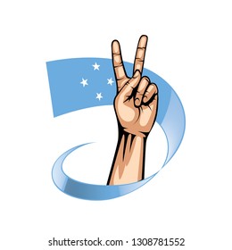 Federated States Micronesia flag and hand on white background. Vector illustration