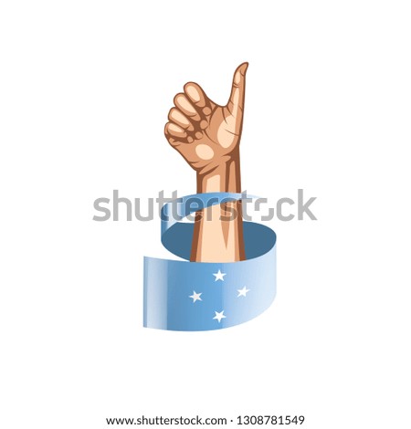 Federated States Micronesia flag and hand on white background. Vector illustration
