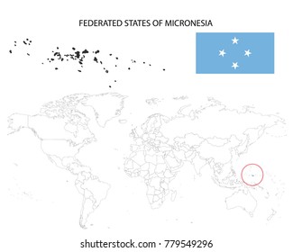 Federated States of Micronesia map on a world map with flag on white background.