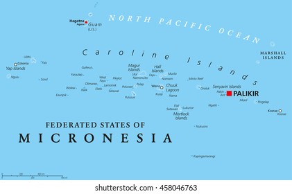 Federated States of Micronesia political map with capital Palikir. An independent sovereign island nation consisting of four united states spread across the Western Pacific Ocean. English labeling.