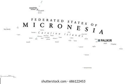 Federated States of Micronesia political map with capital Palikir. English labeling. Island Nation and a United States associated state in the Pacific Ocean. Gray illustration over white. Vector.