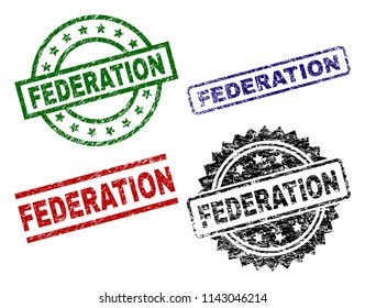 FEDERATION seal stamps with corroded texture. Black, green,red,blue vector rubber prints of FEDERATION tag with corroded texture. Rubber seals with circle, rectangle, medallion shapes.