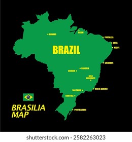 Federative Republic of Brazil. Capital: Brasília. Flag of Brazil. Map of South America Continent with Country Borders. Vector Graphics