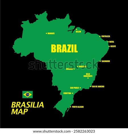 Federative Republic of Brazil. Capital: Brasília. Flag of Brazil. Map of South America Continent with Country Borders. Vector Graphics
