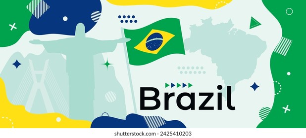 Banner de la República Federativa de Brasil con la bandera nacional brasileña, mapa del país y siluetas emblemáticas de Río de Janeiro y Sao Paulo. Diseño retro moderno con formas geométricas minimalistas