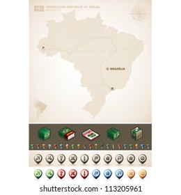 Federative Republic of Brazil and North America Maps, plus extra set of isometric icons & cartography symbols set