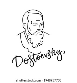 Fedor M. Dostoevsky linear sketch portrait isolated on white background for prints, greeting cards and design elements. Vector hand drawn illustration with lettering text.