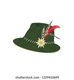 Fedora Felt Hat with Edelweiss and Feather. Alps hunting, Oktoberfest German Alpine hat hand drawn cartoon. Stylish retro headwear design element. Traditional Tirol hunter clothing vector illustration