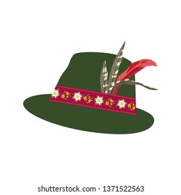 Fedora Felt Hat with Edelweiss on ribbon, Feather. Alps hunting, Oktoberfest German Alpine hat hand drawn cartoon. Stylish retro headwear design element. Traditional Tirol clothing vector illustration