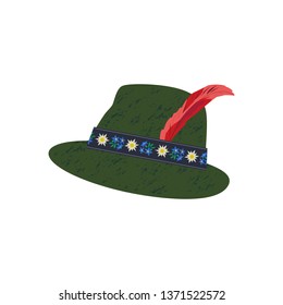 Fedora Felt Hat with Edelweiss on ribbon, Feather. Alps hunting, Oktoberfest German Alpine hat hand drawn cartoon. Stylish retro headwear design element. Traditional Tirol clothing vector illustration