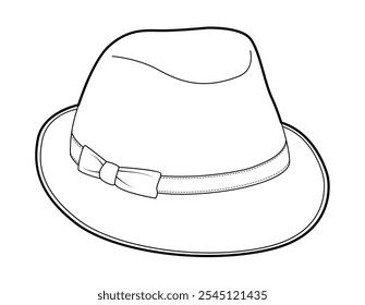 Fedora Hat with band and bow. Head Fashion accessory cap clothing technical illustration. Vector headgear for Men, women, unisex style, flat template CAD mockup sketch outline isolated