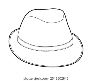 Fedora Hat with band. Head Fashion accessory cap with narrow brim clothing technical illustration. Vector headgear for Men, women, unisex style, flat template CAD mockup sketch outline isolated