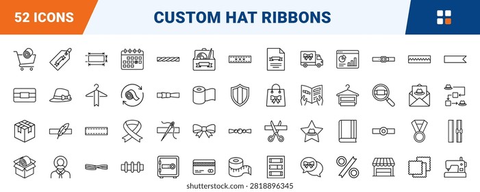 Fedora hat band millinery trim line icon set covering ribbon, custom, accessories, and bow concepts, thin linear illustration.