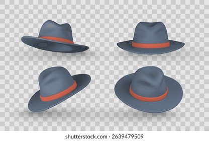 Fedora Hat Clipart Set with Red Band in Different Angles on Transparent Background. Realistic 3D Style for Fashion, Costume, or Accessory Concepts. Vector Illustration.