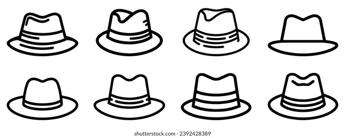 Fedora hat icon. Collection of line art drawings of various fedora hats. Black icons of male classic hats. Vector illustration