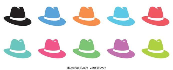 Fedora Hat Icon Set Vector Illustration, Stylish Headwear Symbols in Multiple Colors for Fashion and Apparel Design