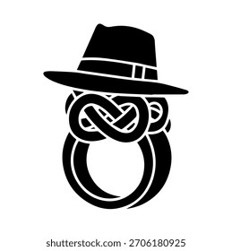 Fedora sombrero nudo anillo silueta Ilustración vectorial emblema blanco y negro.
