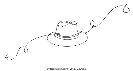 Fedora Hat Line Art. Abstract Hat One Line Silhouette Outline Doodle Contour Hand Drawn Illustration. Fedora Hat Curve Line Symbol Icon Isolated On White Background