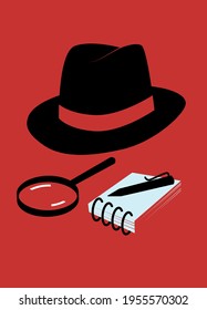 Fedora hat, magnifying glass, notepad and pencil on red background. Investigation concept illustration. Book cover template.