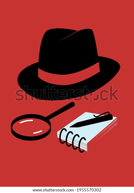 Fedora hat, magnifying glass, notepad and\
pencil on red background. Investigation concept illustration. Book\
cover template.
