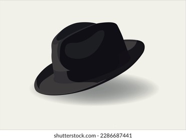 Fedora hat, side view. Wool or felt fabric, dark grey, black color. Men, unisex head accessory. Realistic style graphic vector illustration.