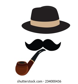 Fedora Hat, Smoking Pipe And Mustache, Retro, Vector