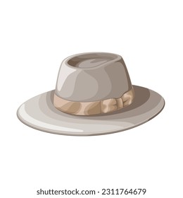 Fedora hat vector illustration. Cartoon isolated beige hat with soft brim, brown ribbon and top notch, retro elegant hipsters cap for head of man and woman, classic fashion headgear and accessory