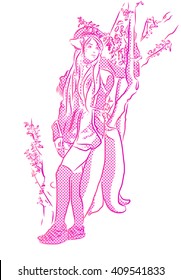 Fee at Cherry Blossom Festival. Hand Drawn Vector Sketch.